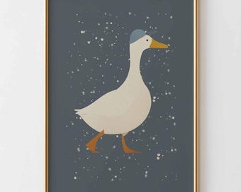 Eend kinderkamer kunst aan de muur met hoed, schattige gans poster voor jongenskamer, grillige dierenprint, neutraal kinderkamer decor, winter kinderkamer kunst