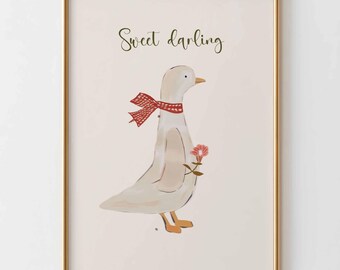 Sweet Darling Goose kinderkamer kunst aan de muur, schattige eend poster met citaat, babymeisje kamer decor, grillige dierenprint, neutraal kinderdagverblijf kunstwerk