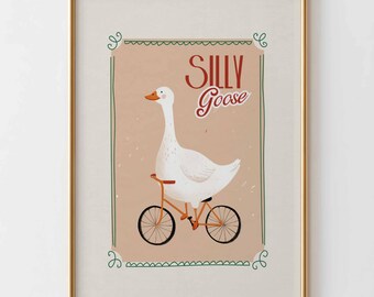 Silly Goose Wall Art Print, schattige gans op fiets poster, kinderkamer decor, kinderkamer illustratie, grappige gans kunst, kinderkamer print