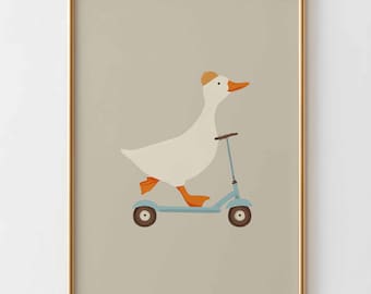 Gans op scooter kunst aan de muur, schattige eend kwekerij print, grillige dieren poster, kinderkamer decor, neutrale babykamer kunst, speelse kinderkamer