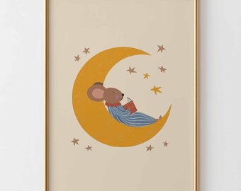 Muis op maan kinderkamer kunst aan de muur, dierenprint voor het slapengaan, schattige muis poster, babykamer decor, grillige nachtelijke hemel kinderkamer kunst
