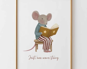 Muis leesboek print, kunst aan de muur kinderkamer, decor bos kinderkamer, kinderkamer kunst aan de muur, babykamer decor, schattige dierenprint, verhaal tijd kunst
