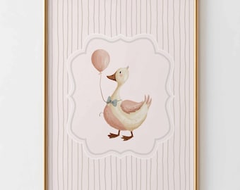 Muurkunst gans met ballon, schattige dierenprint, babykamerdecoratie, illustratie vintage eend, neutrale kinderkamerposter