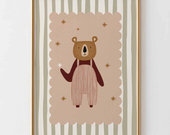 Teddybeer kinderkamer kunst aan de muur, schattige beer poster voor kinderkamer, neutraal babykamer decor, vintage dierenprint, grillige kinderkamer kunst