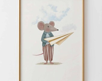 Muis papieren vliegtuigje kinderkamer print, kunst aan de muur kinderen, vintage dieren poster, neutraal babykamer decor, grillige verhalenboek kinderkamer print
