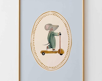 Muurkunstdruk muis, poster kinderkamerdieren, Scandinavische kinderkamerdecoratie, neutrale babykamerkunst
