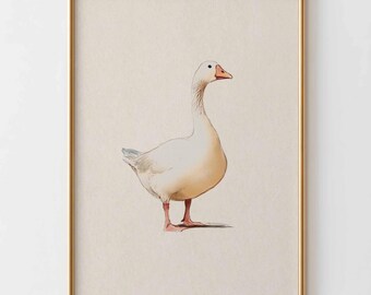 Vintage gans muurkunst print, neutrale kinderkamer poster, aquarel boerderij dieren kunst, minimalistische gans illustratie, boerderij kwekerij