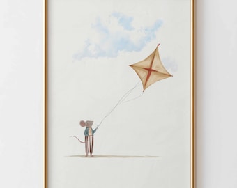 Muis met vlieger kinderkamer kunst aan de muur, minimalistische dierenposter voor kinderkamer, neutraal babykamer decor, grillige verhalenboek kinderkamer print