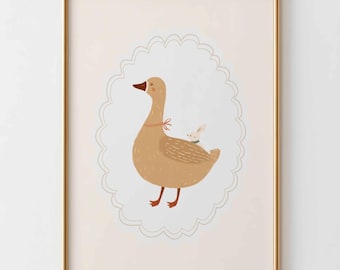 Gans kinderkamer kunst aan de muur, schattige dierenprint voor kinderkamer, vintage stijl kinderkamer decor, neutrale babykamer kunst, eend illustratie poster
