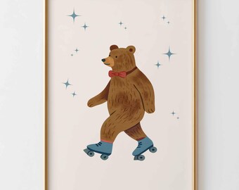 Kunst aan de muur schaatsbeer kinderkamer, schattige teddybeer poster, grillige kinderkamer decor, vintage dierenprint, neutrale kinderkamer kunst aan de muur