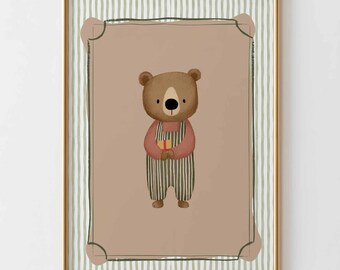 Teddybeer kinderkamer kunst aan de muur, schattige beer poster voor kinderkamer, neutraal babykamer decor, vintage dierenprint, grillige kinderkamer kunst