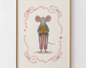Muis met ster kinderkamerkunst aan de muur, schattige dierenposter voor kinderkamer, kinderkamerdecoratie voor het slapengaan, grillige verhalenboekafdruk, neutrale babykamerkunst
