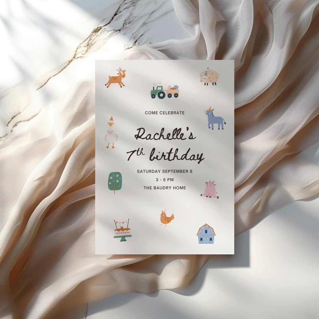 Editable Party Animals Birthday Invitation Minimalist Farm Animal ...