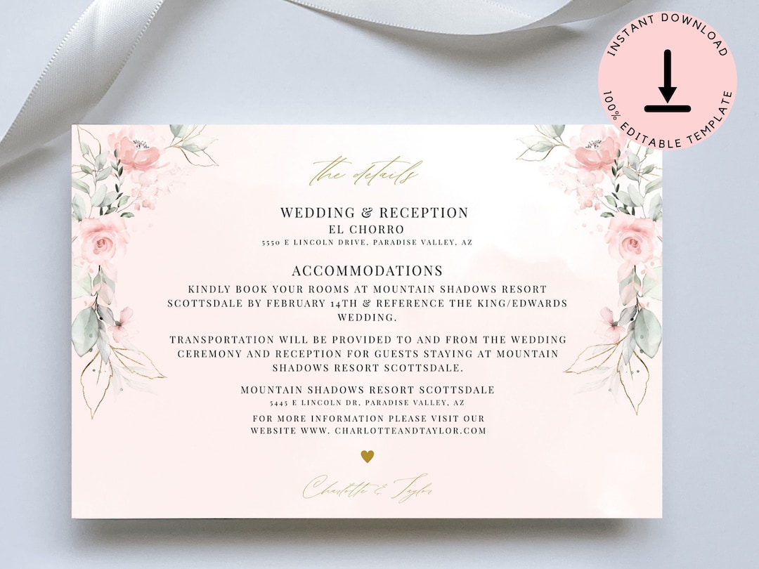 Blush Roses Wedding Invitation Details Card Template, Wedding