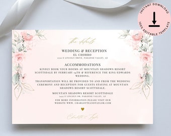 Blush Roses Wedding Invitation Details Card Template, Wedding Information Card, Wedding Insert Card, Wedding Invitation Suite Template