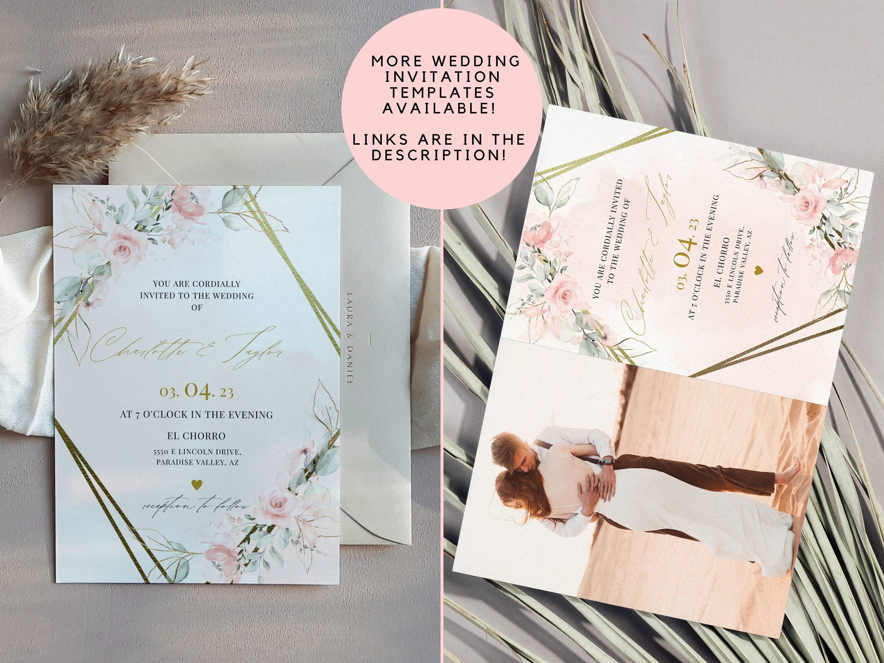 Blush Roses Photo Wedding Invitation Template, Formal Wedding