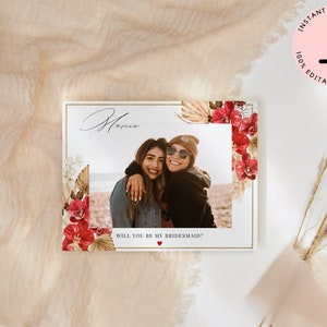 Photo Bridesmaid Proposal Card, Red Floral Maid of Honor Card, Will You Be My Maid of Honor Card, Flower Girl Proposal, Matron of Honor
