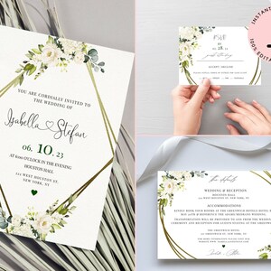 Roses Wedding Bundle Template, Geometric Floral Wedding Invitation Suite Template, Simple Wedding Invitation Template, RSVP Card Template