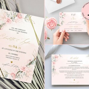 Blush Wedding Bundle Template, Geometric Floral Wedding Invitation Suite Template, Simple Wedding Invitation Template, RSVP Card Template