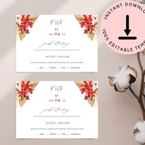Red Floral RSVP Card Template, Wedding RSVP Cards, Wedding RSVP Template