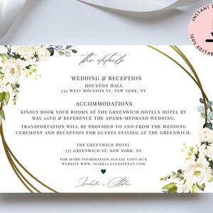 White Roses Wedding Invitation Details Card Template, Wedding Information Card, Wedding Insert Card, Wedding Invitation Suite Template