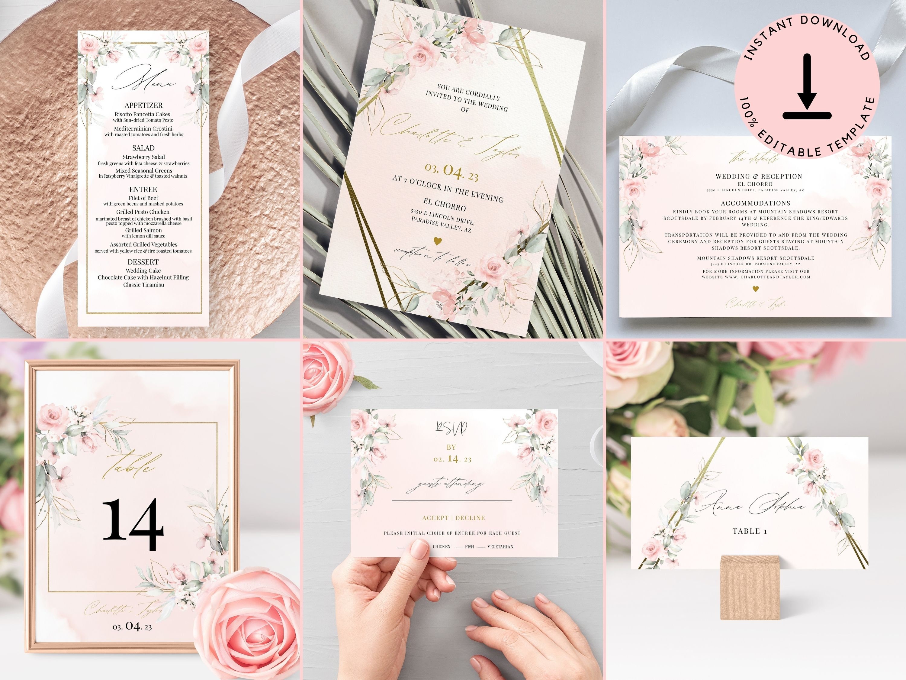 Blush Wedding Bundle Template, Geometric Floral Wedding Invitation