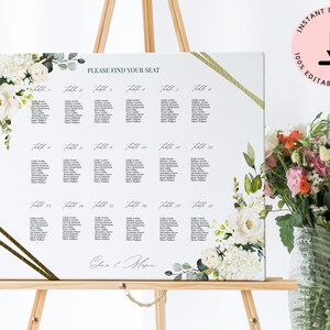 White Roses Seating Chart Template, Landscape Wedding Seating Chart, Printed Wedding Seating Chart, Seating Chart Board, Instant Download