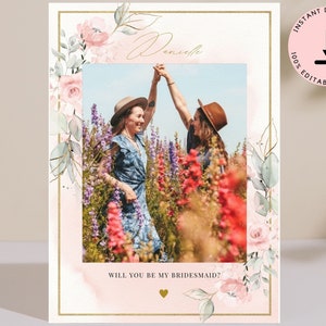 Blush Rose Photo Bridesmaid Proposal Card Template, Will You Be My Bridesmaid Card, Matron of Honor Proposal, Flower Girl,Maid of Honor Card