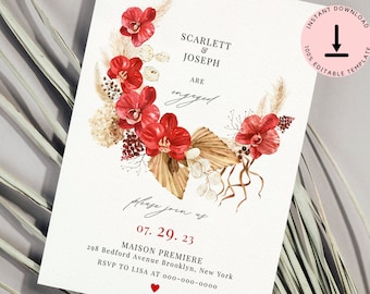 Red Floral Save the Date Template, Engagement Announcement Card, Simple Wedding Invitation Template Download, Bridal Shower Invitation