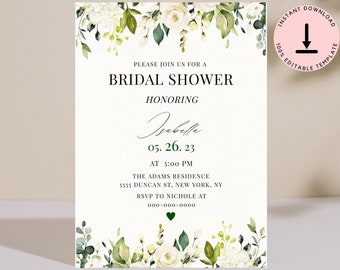 White Roses Bridal Shower Invitation Template, Bridal Shower Invitation Simple, Bachelorette Party Invite, Floral Bridal Shower