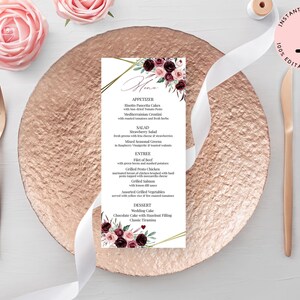 Burgundy Simple Wedding Menu Template, Elegant Wedding Menu, Classy Wedding Menu, Wedding Menu Cards, Editable Menu Template