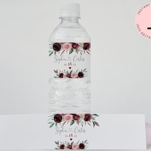 Burgundy Wedding Water Bottle Label Template, Water Bottle Label For Bridal Shower, Welcome Wedding Water Bottle Labels, Instant Download