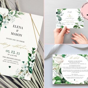 Greenery Wedding Bundle Template, Geometric Floral Wedding Invitation Suite Template, Simple Wedding Invitation Template, RSVP Card Template