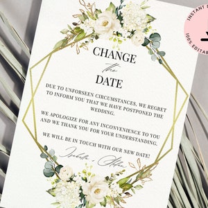 White Roses Change the Date Template, Change of Plans, Wedding Postponement, Wedding Date Change, Wedding Cancellation, Save The Date