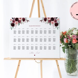 Burgundy Seating Chart Template, Landscape Wedding Seating Chart, Printed Wedding Seating Chart, Wedding Seating Chart Board