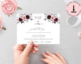 Burgundy RSVP Card Template, Floral RSVP Card, Simple RSVP, Wedding rsvp Cards, Wedding rsvp Card Template, Instant Download