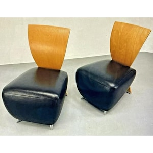 A Pair of Dauphin Bobo Postmodern Accent Chairs by German Architect Dietmar Scharping Black Leather Natural Maple Backrests Museum Displays