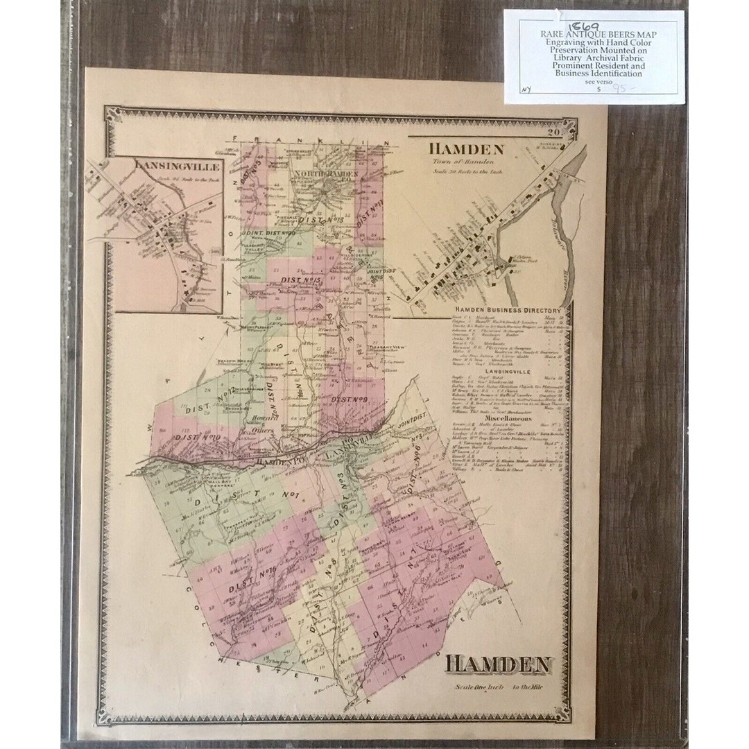 Antique 1869 Map of Hamden New York Hand Colored Engraving Map Etsy