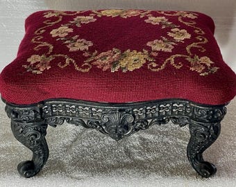Antique Detailed Cast Iron Foot Stool Red Victorian Floral Needlepoint Cushion C1920