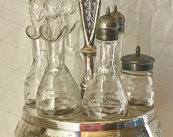 Antique Victorian Silver Plate Cruet Condiment Caddy Set 6 Etched Bottles 1800s