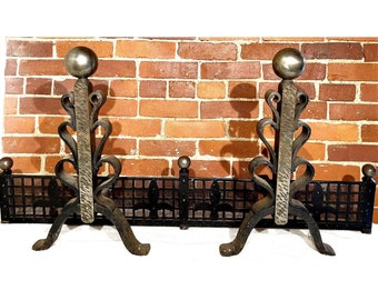 Vintage Hand Forged Wrought Iron Fireplace Andirons And Skirt Custom Made Design