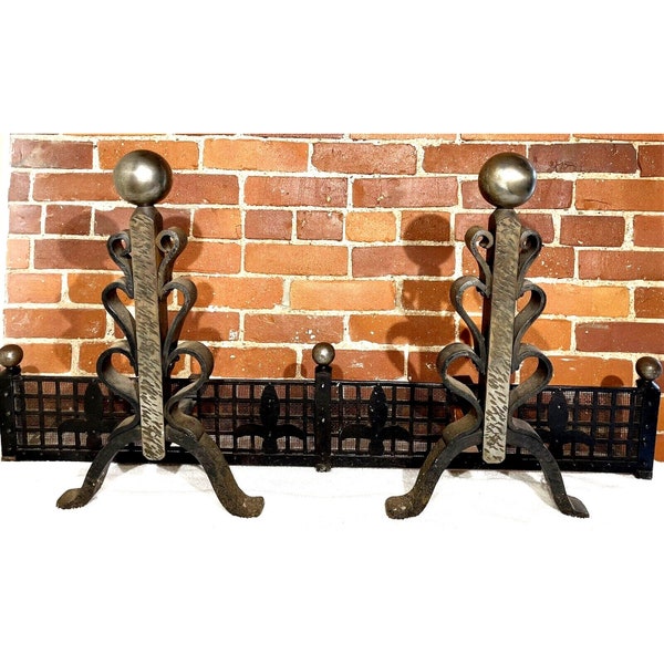 Vintage Hand Forged Wrought Iron Fireplace Andirons And Skirt Custom Made Design