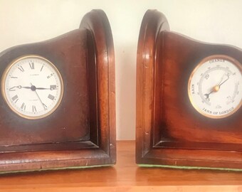 Rare Vintage Mid Century Jans of London Swiss Quartz Clock and Weather Station Barometer Polished Walnut Book Ends Nautical Maritime Décor