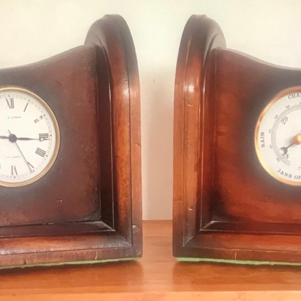 Rare Vintage Mid Century Jans of London Swiss Quartz Clock and Weather Station Barometer Polished Walnut Book Ends Nautical Maritime Décor