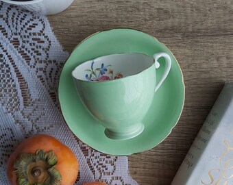 Vintage Teal Green Royal Grafton Bone China Cup and Saucer