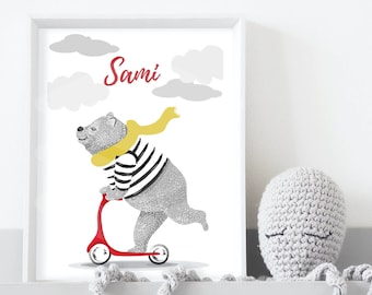 customizable child poster, child bear illustration poster, animal boy poster, name poster