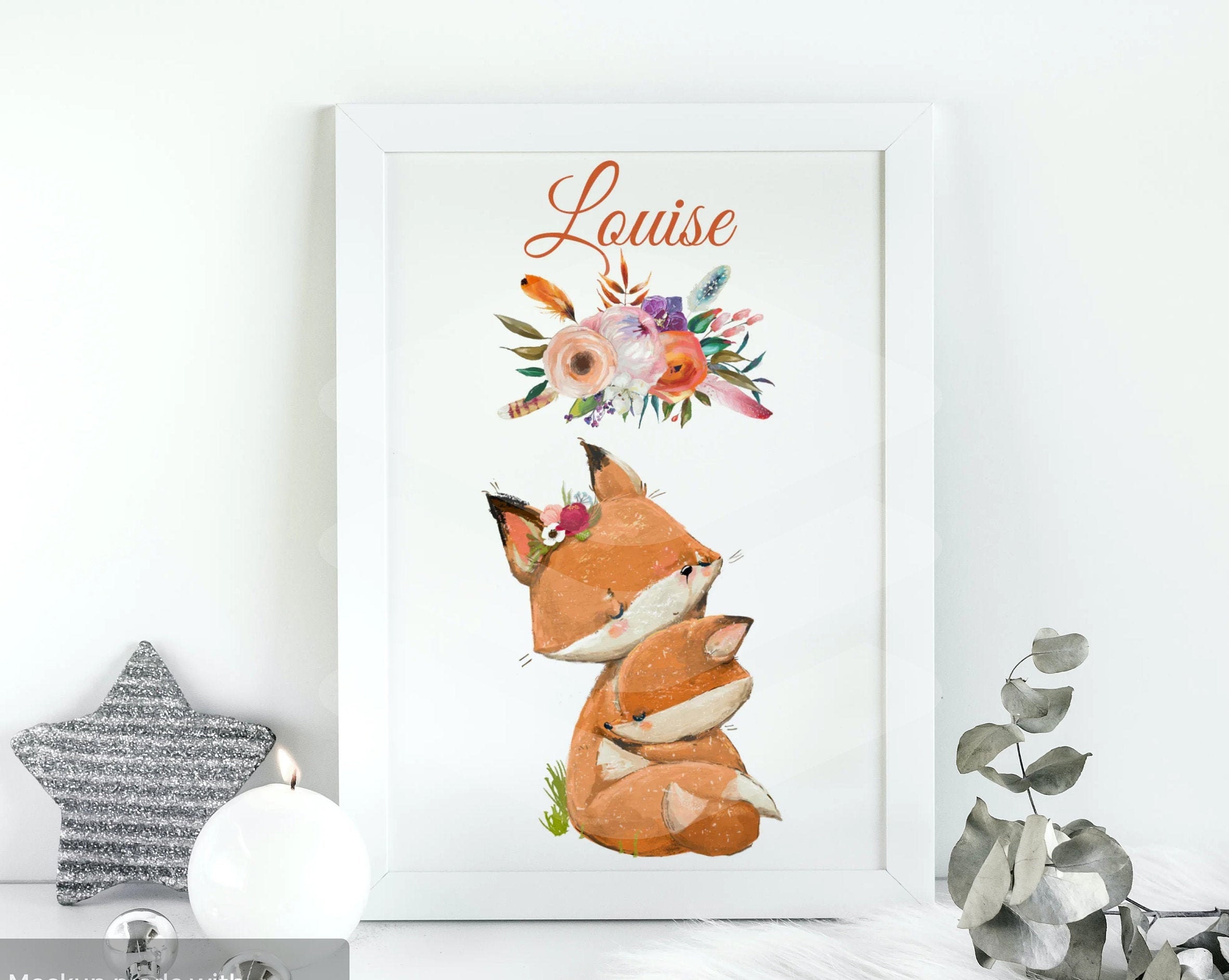 Affiche Enfant Personnalisable, Affiche Maman Biche et Son Faon, Fille Animaux, Prénom