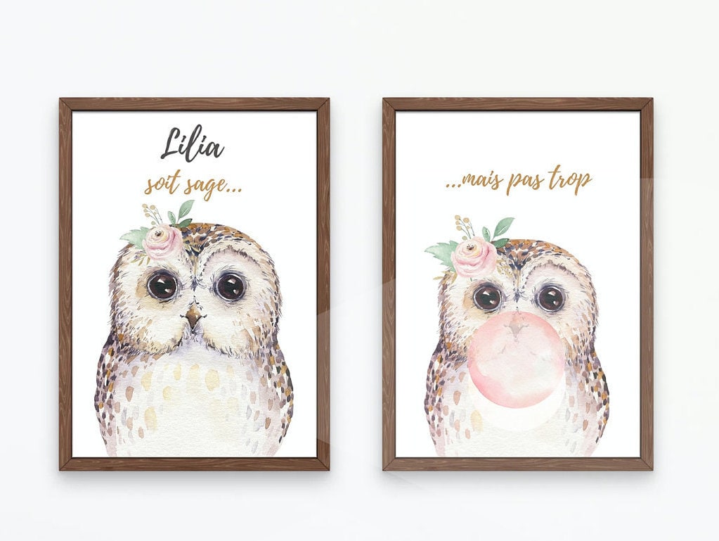 Ensemble Affiches Enfant Chouette Personnalisable, Affiche Chouette, Citation, Animaux, Prénom