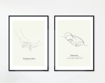 Set of 2 minimalist illustrations representing the family.the posters are customizable, adding dates and first names.