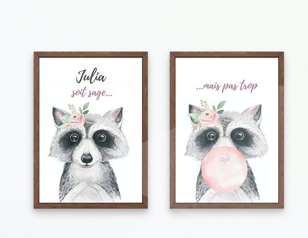 Ensemble Affiches Enfant Raton Laveur Personnalisable, Affiche Laveur, Affichecitation, Animaux, Pré